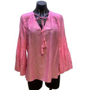 Kobi Halperin Pink Blouse With Embroidered Bell Sleeves, Size Small